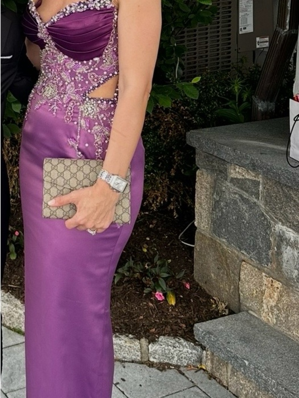 Embellished Purple Satin Prom Dress with Cutout Detail